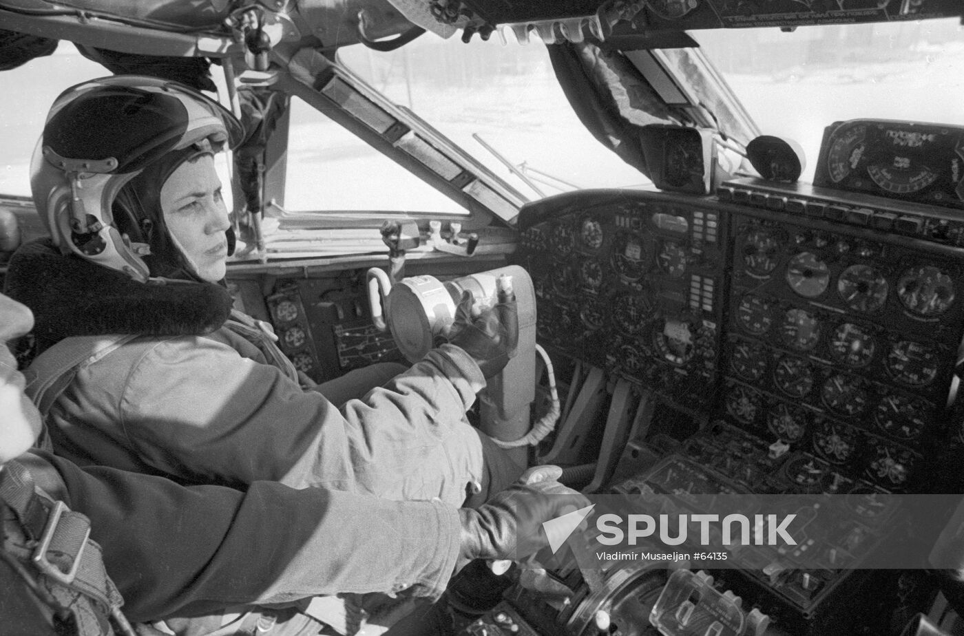 Test pilot Marina Popovich inside cockpit of Antonov An-22 Antheus (Cock) cargo plane 