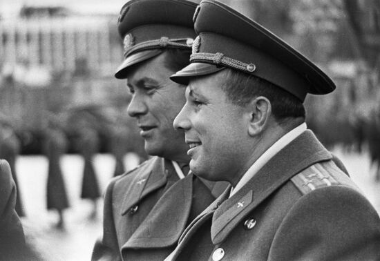 Soviet cosmonauts Yuri Gagarin and Pavel Popovich.