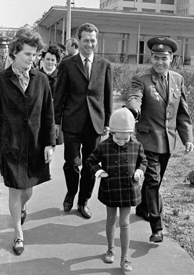 Cosmonauts Valentina Tereshkova, Vitaly Sevastyanov and Andriyan Nikolayev with his daughter Alyona out for a walk.