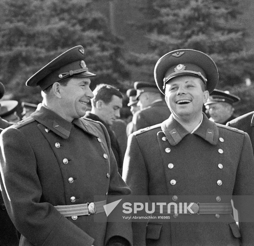 Cosmonauts Pavel Belyayev and Yuri Gagarin on Moscow's Red Square