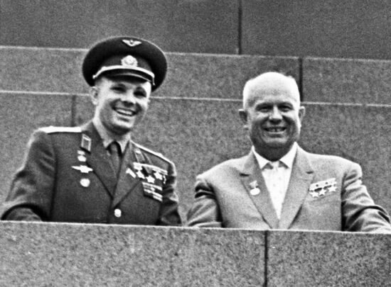 Gagarin and Khrushchev on the Lenin mausoleum