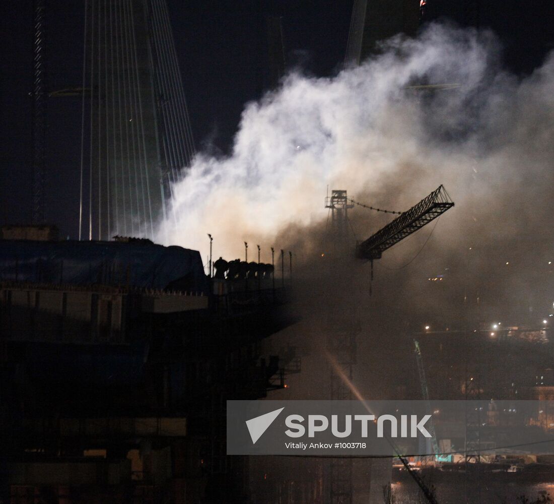 Bridge constructed in Vladivostok on fire