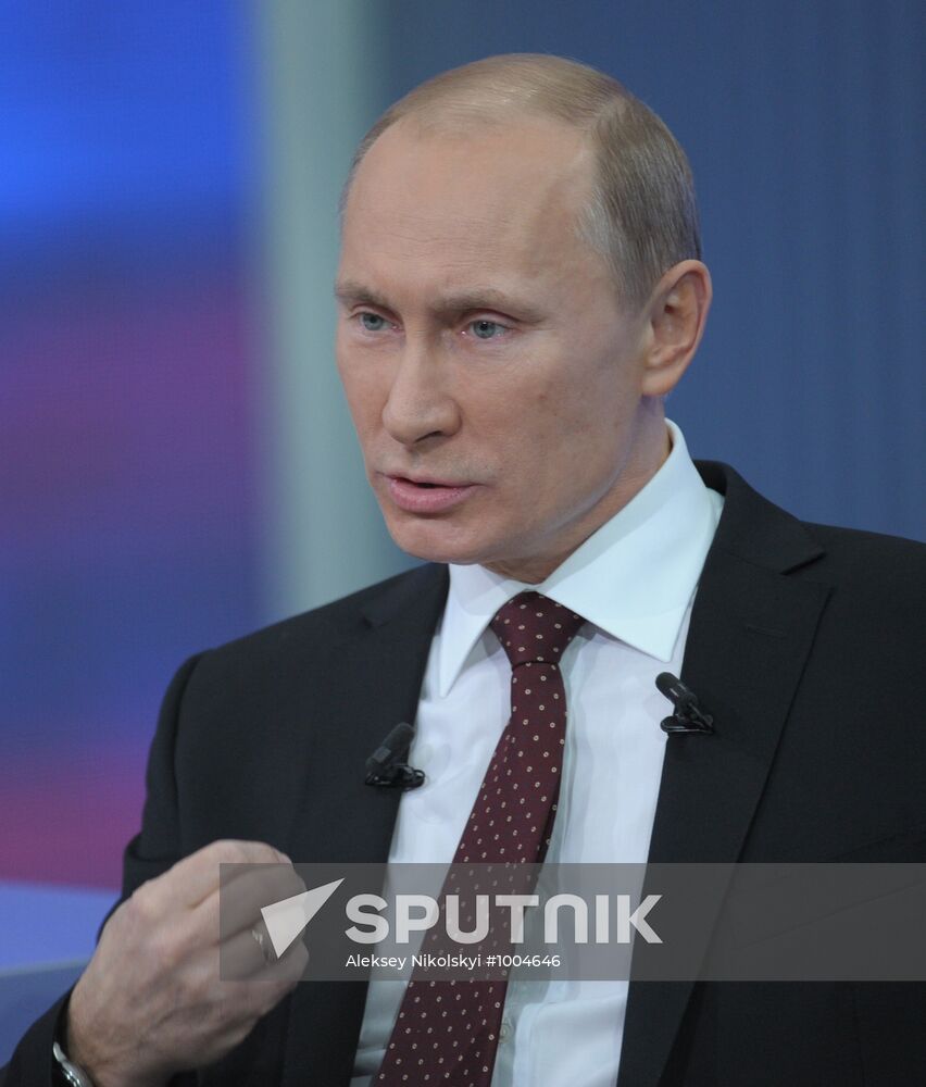 December 15, 2011. Prime Minister Vladimir Putin during the annual Q&A session, 'A Conversation with Vladimir Putin: Continued', broadcast live by the channels Rossiya 1, Rossiya 24 and radio stations Mayak, Vesti FM and Radio Rossii. Location: Russia, Moscow. Author: Aleksey Nikolskyi/Sputnik. Q&A session 'A Conversation with Vladimir Putin: Continued'