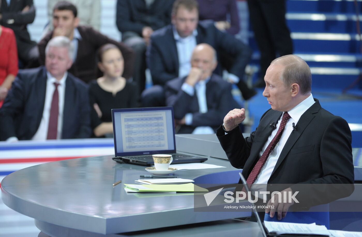 December 15, 2011. Prime Minister Vladimir Putin during the annual Q&A session, 'A Conversation with Vladimir Putin: Continued', broadcast live by the channels Rossiya 1, Rossiya 24 and radio stations Mayak, Vesti FM and Radio Rossii. Location: Russia, Moscow. Author: Aleksey Nikolskyi/Sputnik. Q&A session 'A Conversation with Vladimir Putin: Continued'