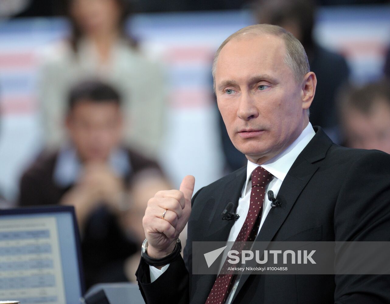 Prime Minister Vladimir Putin in "A Conversation with Vladimir Putin. Continued" live Q&A broadcast by TV Channels "Rossia 1", "Rossia 24" and radio stations "Mayak", "Vesti FM" and "Radio of Russia", December 15, 2011. Location: Russia, Moscow. Author: Aleksey Nikolskyi/Sputnik. Direct Line with Vladimir Putin. Continued.
