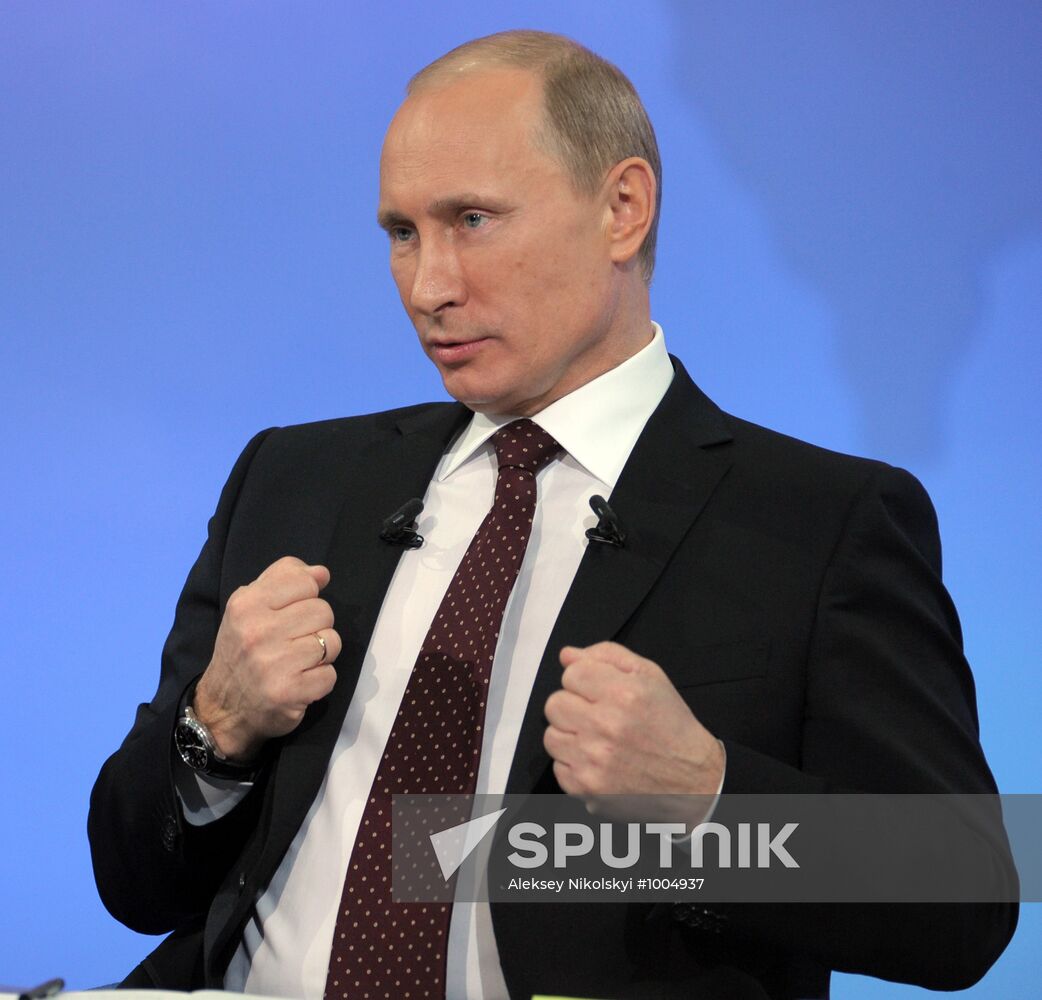 Prime Minister Vladimir Putin in "A Conversation with Vladimir Putin". Continued" live Q&A broadcast by TV Channels "Rossia 1", "Rossia 24" and radio stations "Mayak", "Vesti FM" and "Radio of Russia", December 15, 2011. Location: Russia, Moscow. Author: Aleksey Nikolskyi/Sputnik. "A Conversation with Vladimir Putin. Continued" live broadcast