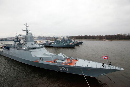 Naval ships in Kronshtadt port prepared for voyage