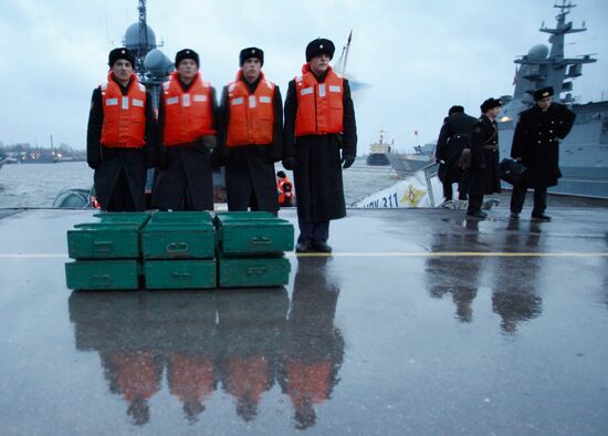 Naval ships in Kronshtadt port prepared for voyage