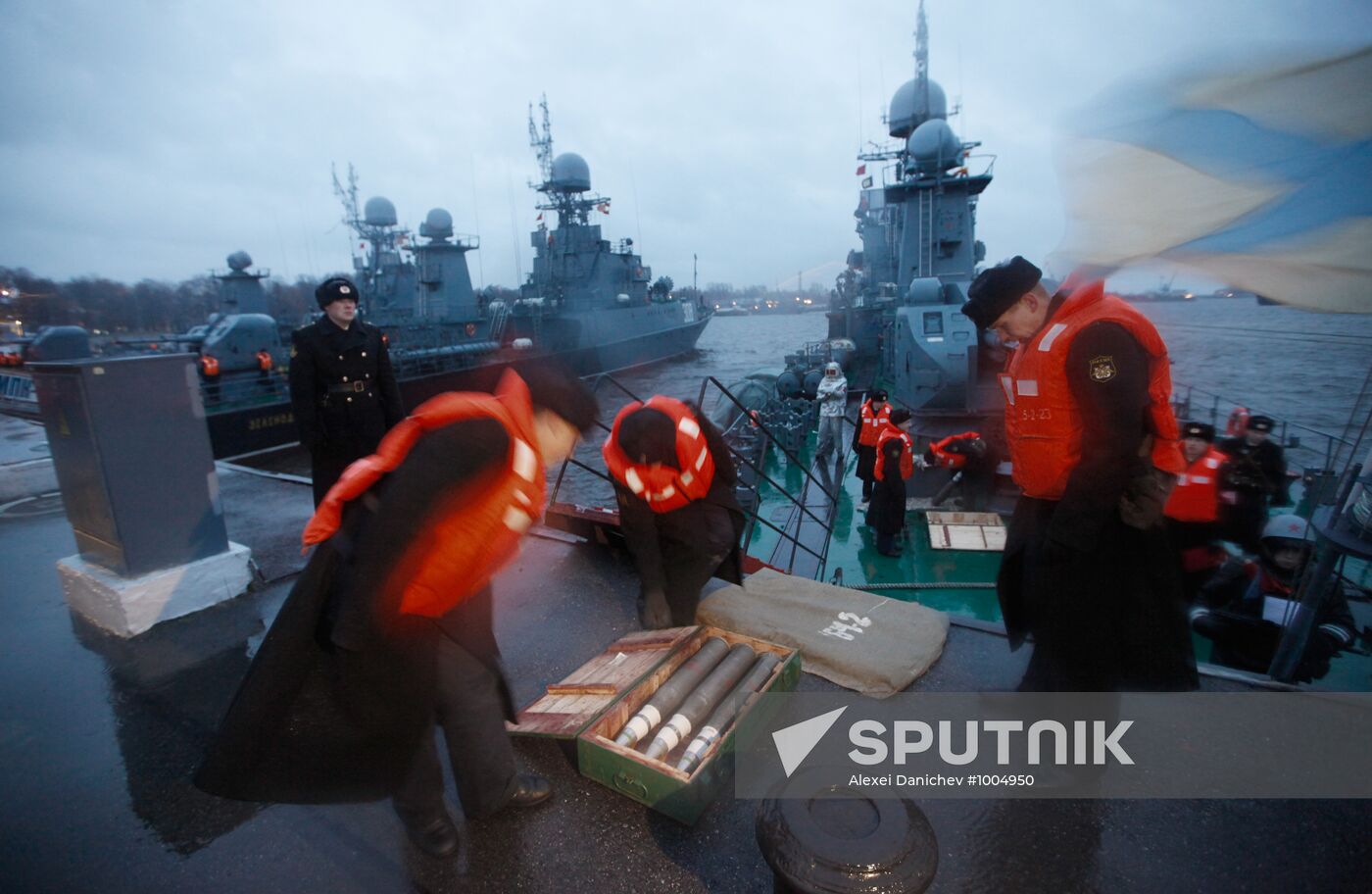 Naval ships in Kronshtadt port prepared for voyage