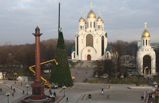 Installing a New Year's holiday tree on Victory Square in Kalini