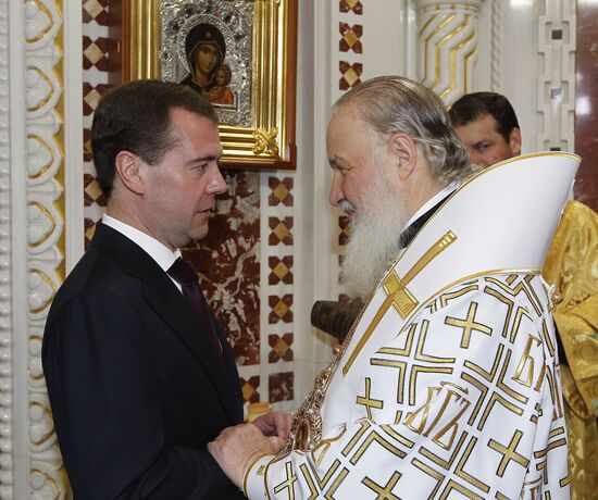 Dmitry Medvedev at Christ the Saviour Cathedral Christmas mass