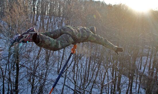 Rope jumping from Chyortov Bridge in Kaliningrad