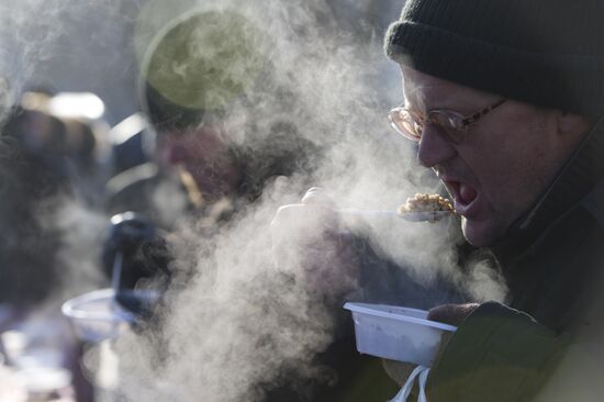Distributing food to the homeless