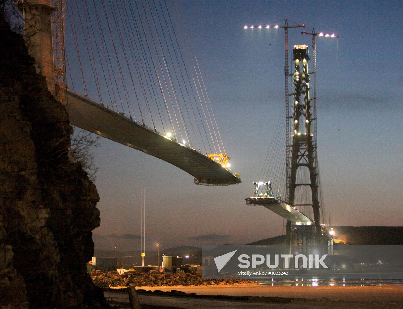 Construction site of cable-stayed bridge to Russky Island