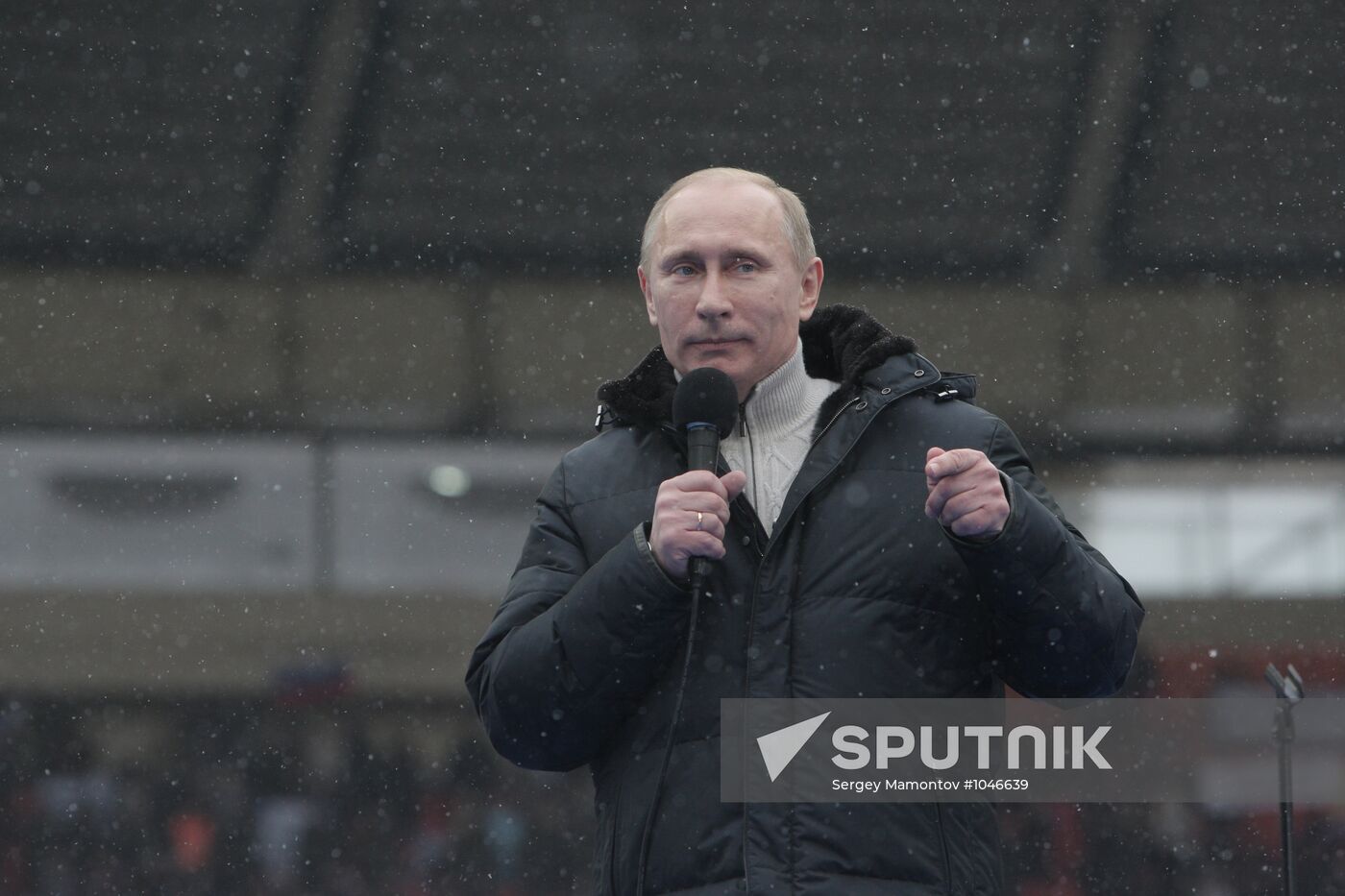 Vladimir Putin speaks to supporters at "Defend the Nation!"rally
