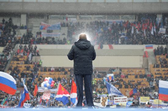 Putin speaks to his supporters at "Defend the Nation!" rally