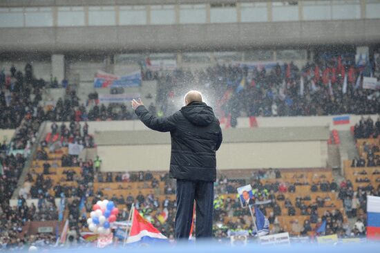 Putin speaks to his supporters at "Defend the Nation!" rally