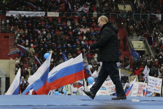 Putin speaks to his supporters at "Defend the Nation!" rally
