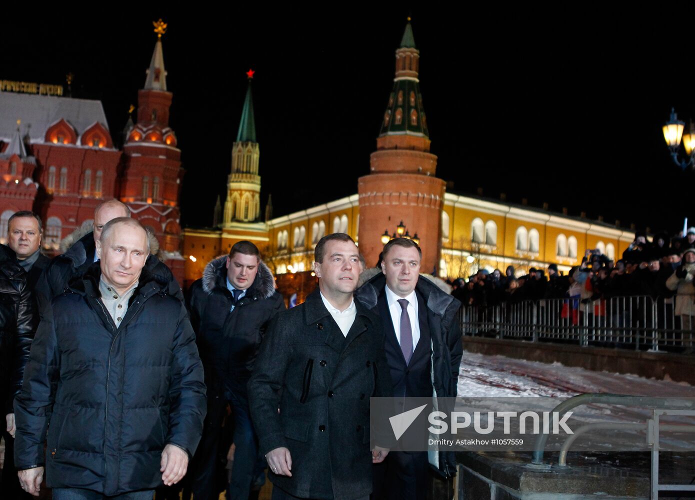 D. Medvedev and V. Putin appear at a rally on Manezh Square