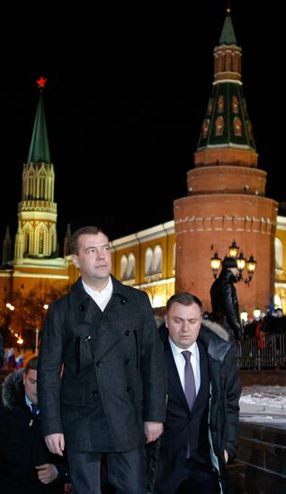 D. Medvedev and V. Putin appear at a rally on Manezh Square