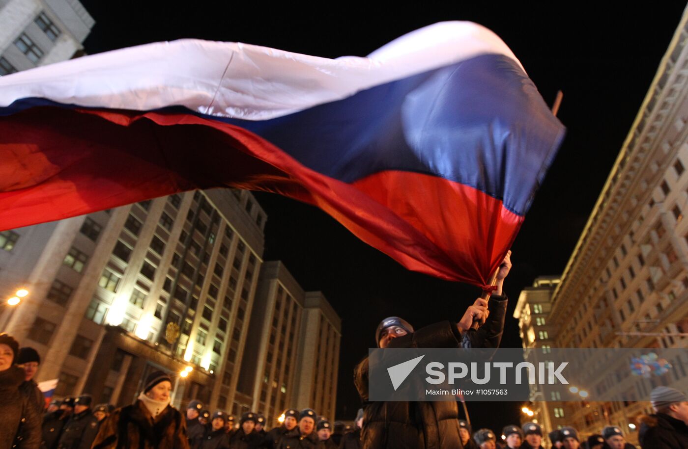 D. Medvedev and V. Putin appear at a rally on Manezh Square