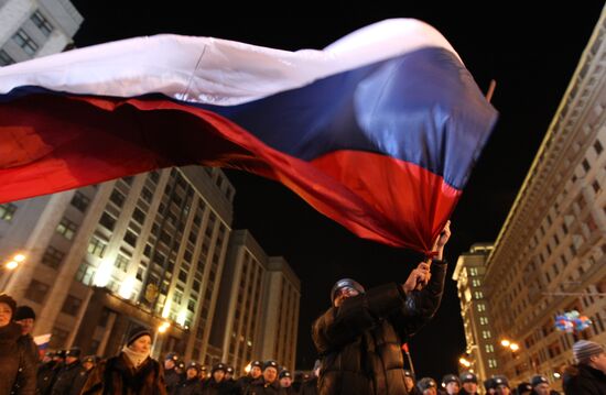 D. Medvedev and V. Putin appear at a rally on Manezh Square