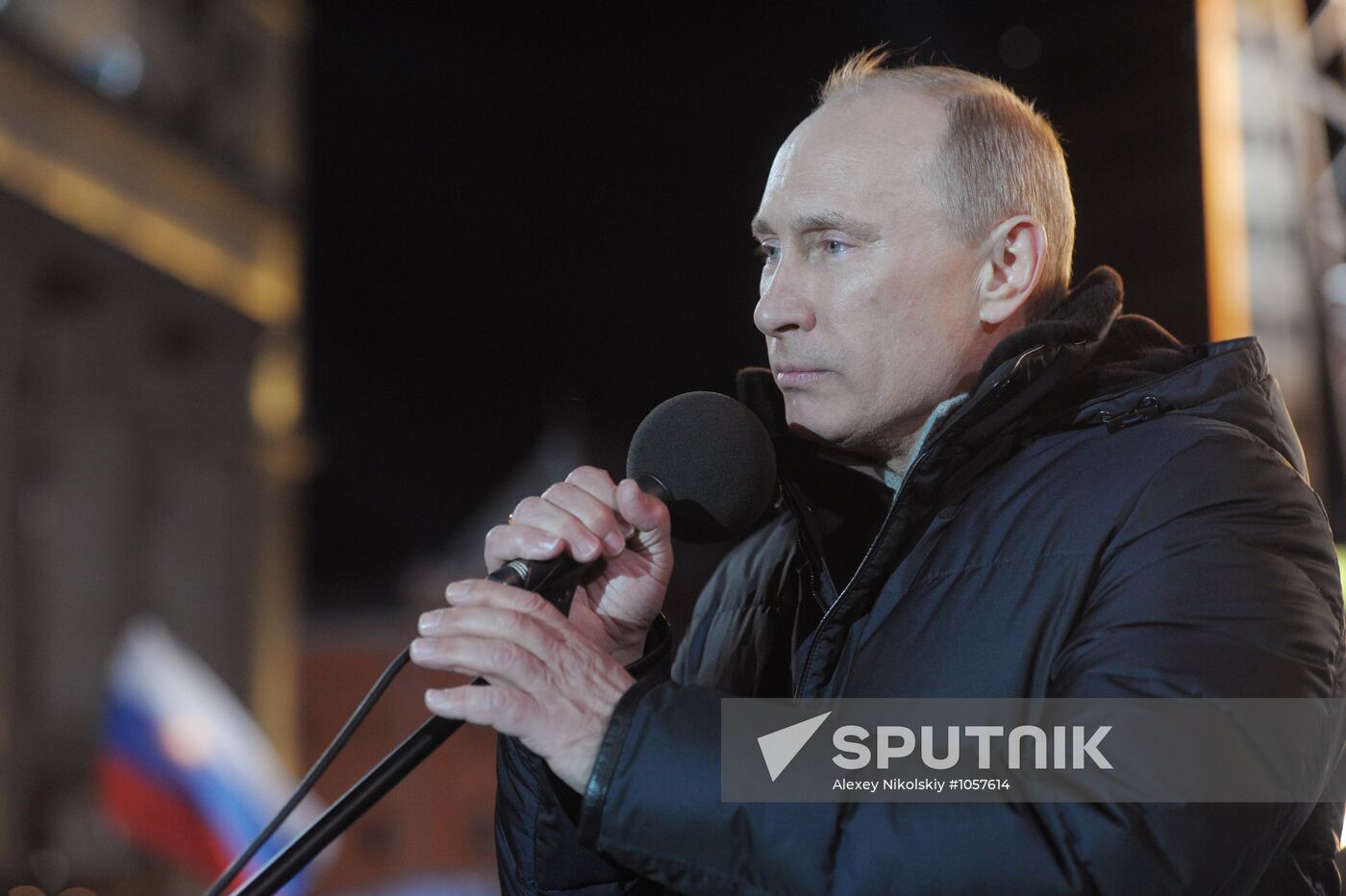 D. Medvedev and V. Putin appear at a rally in Manege Square