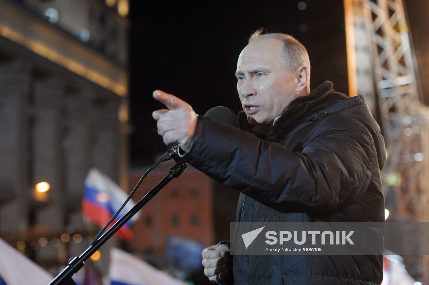 D. Medvedev and V. Putin appear at a rally in Manege Square