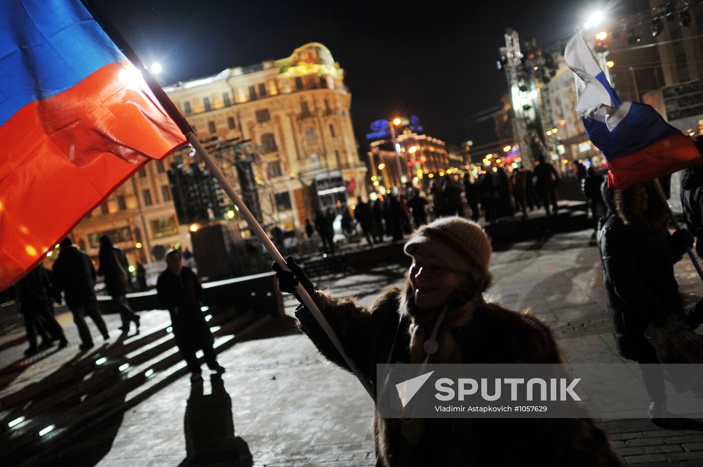 D. Medvedev and V. Putin appear at a rally on Manezh Square