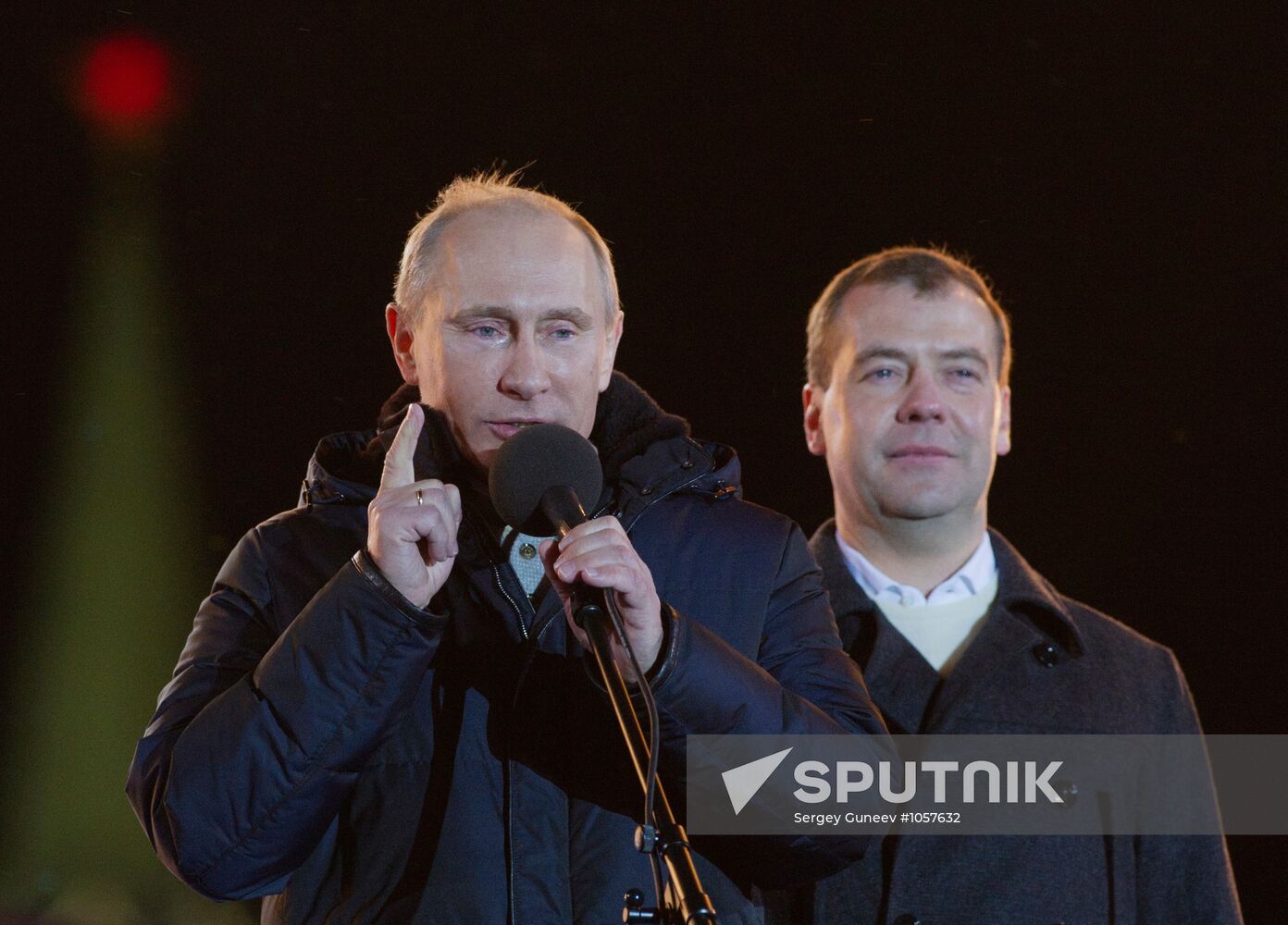 D. Medvedev and V. Putin appear at a rally on Manezh Square
