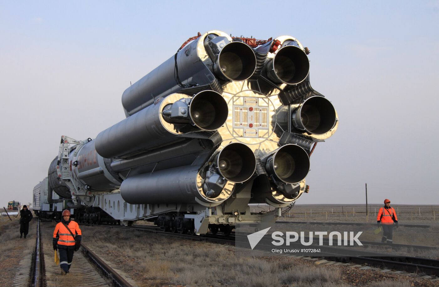 Proton-M launch vehicle with satellite moved to launch pad