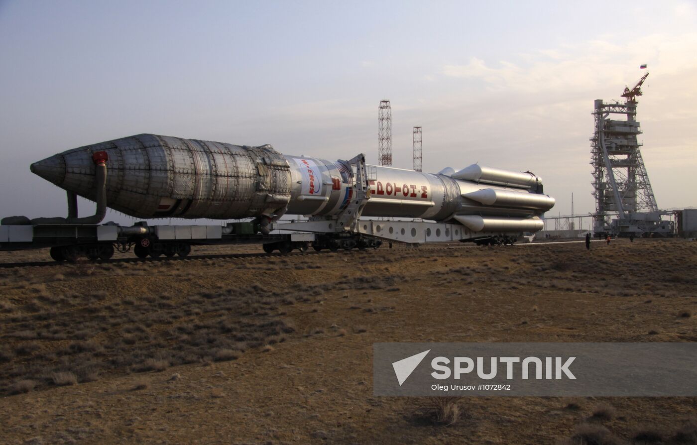 Proton-M launch vehicle with satellite moved to launch pad