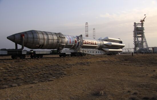 Proton-M launch vehicle with satellite moved to launch pad