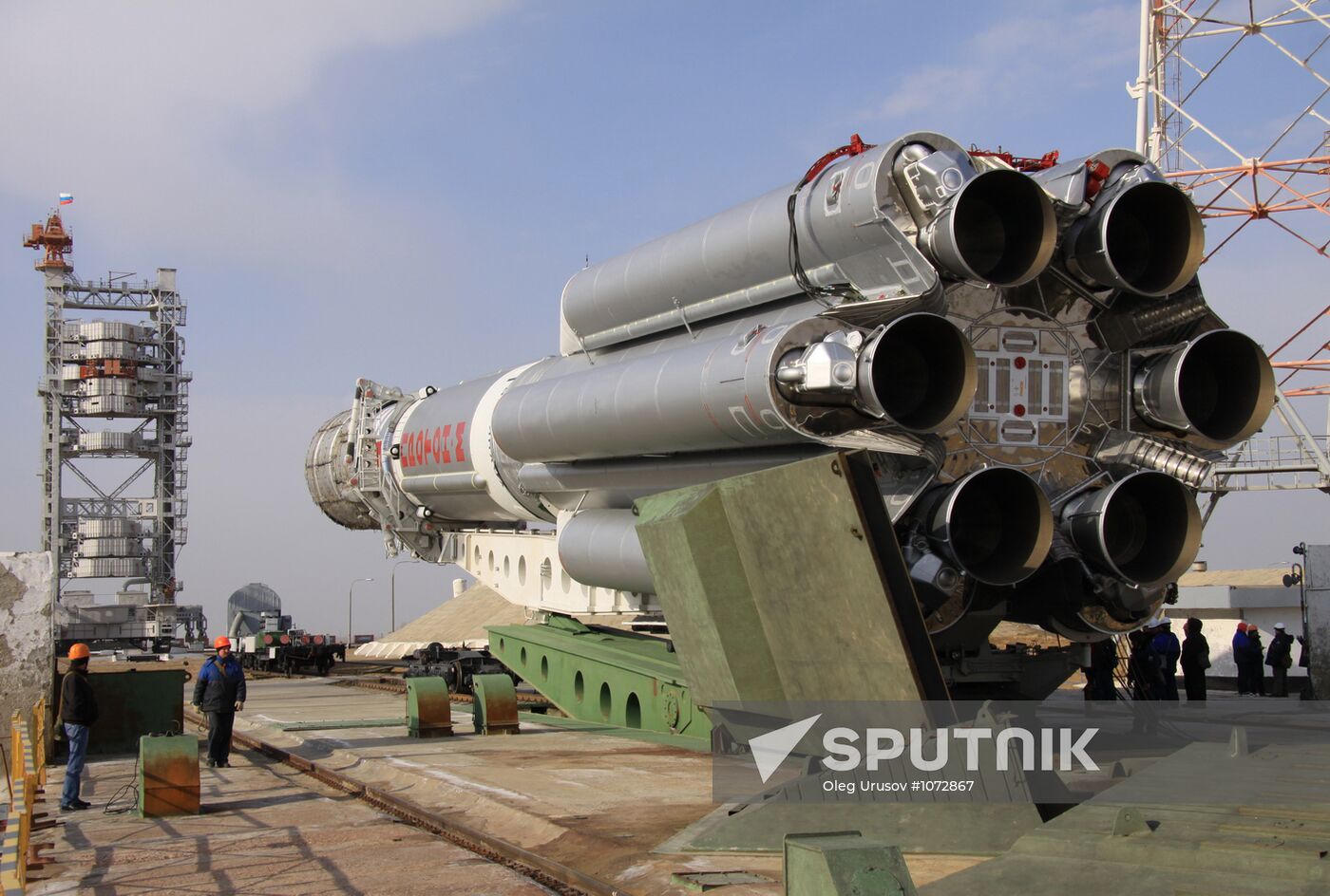 Proton-M launch vehicle with satellite moved to launch pad