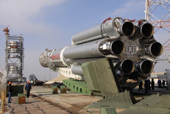 Proton-M launch vehicle with satellite moved to launch pad