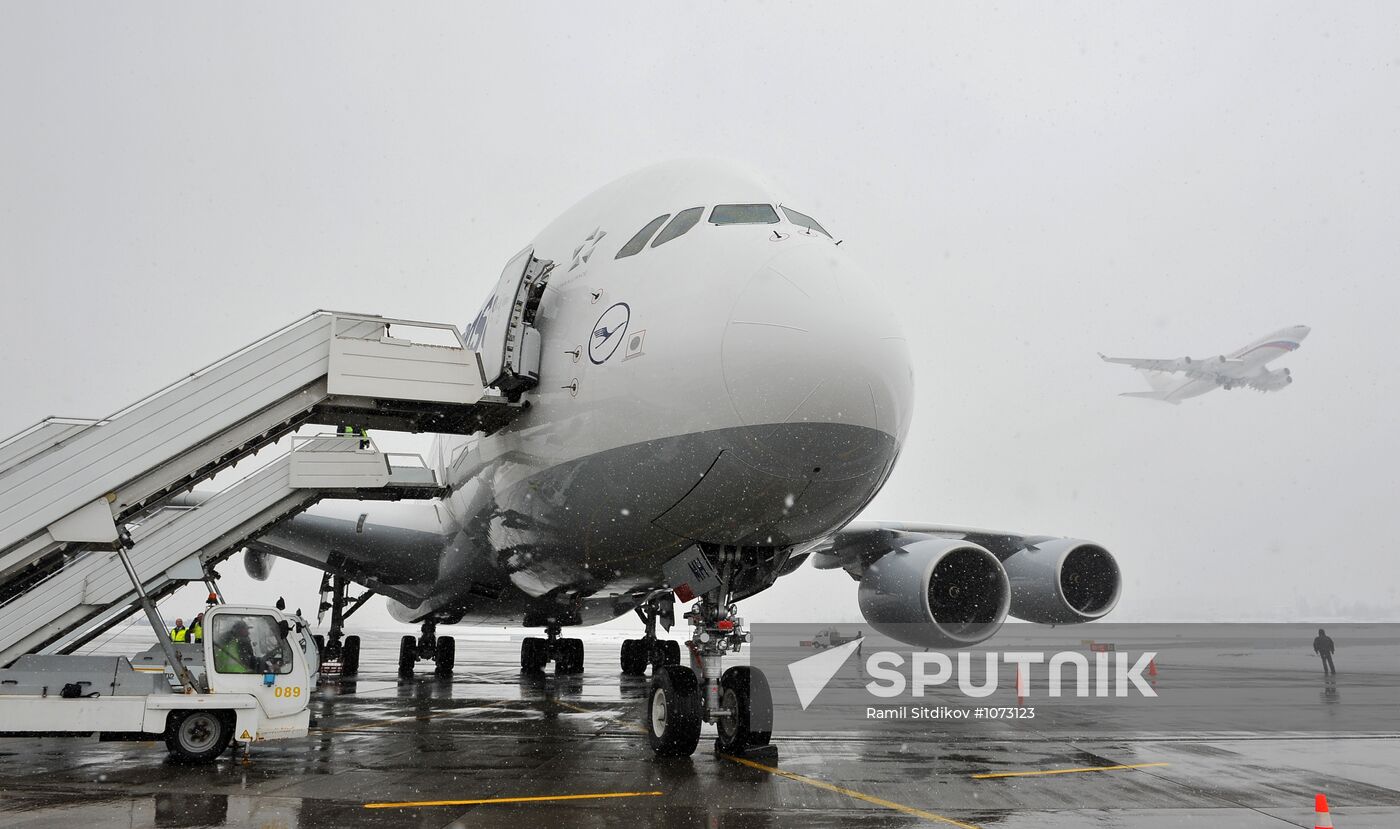 Lufthansa A380 aircraft arrives at Vnukovo airport