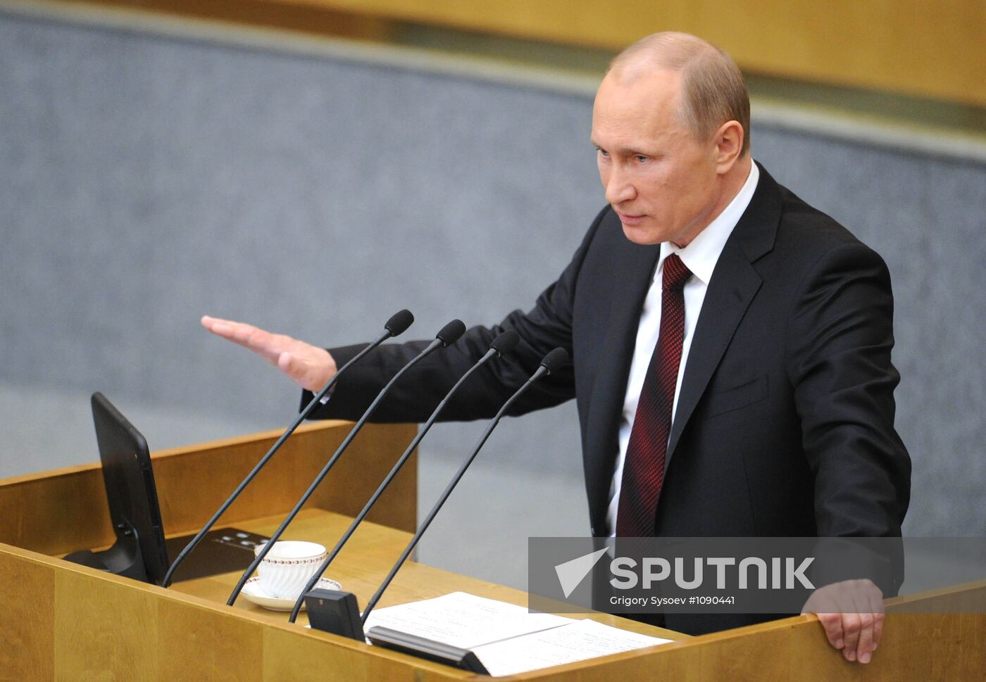 Vladimir Putin addresses lower house of Russian parliament