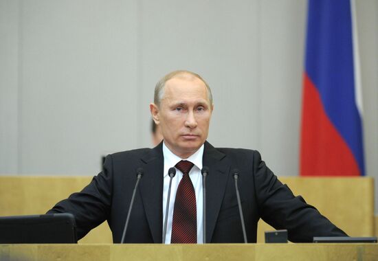 Vladimir Putin addresses lower house of Russian parliament
