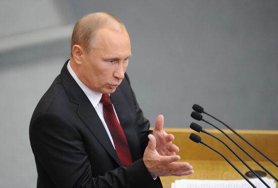 Vladimir Putin addresses lower house of Russian parliament