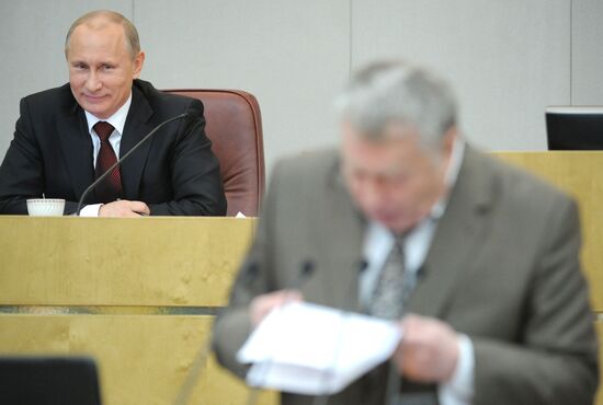 Vladimir Putin addresses lower house of Russian parliament