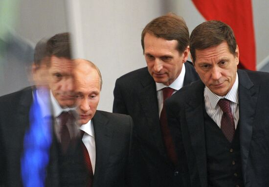 Vladimir Putin addresses lower house of Russian parliament