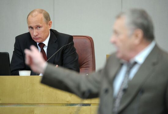 Vladimir Putin addresses lower house of Russian parliament