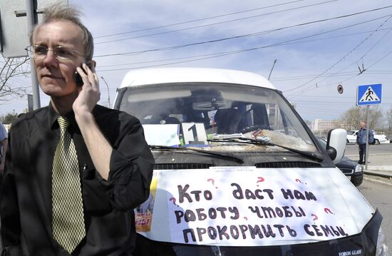 Public transport drivers in Astrakhan hold a protest rally