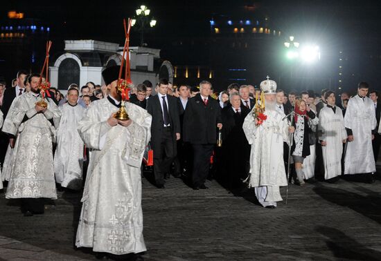 D. Medvedev and V Putin in Christ the Savior Cathedral in Moscow