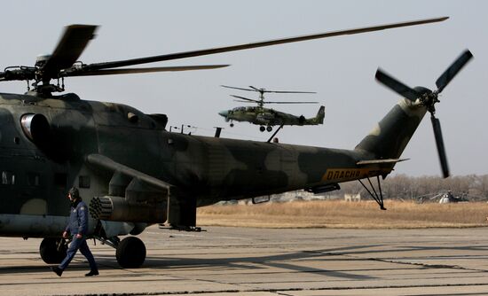 Training flights of helicopters at Chernigovka garrison air base