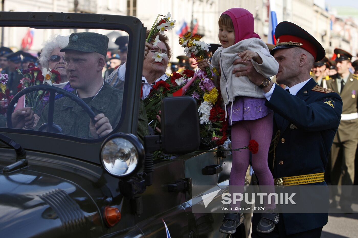 War veterans march along Nevsky Avenue