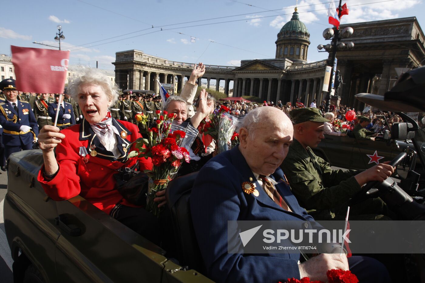 War veterans march along Nevsky Avenue