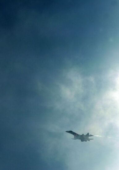 Strizhi and Russian Knights aerobatic teams in flight