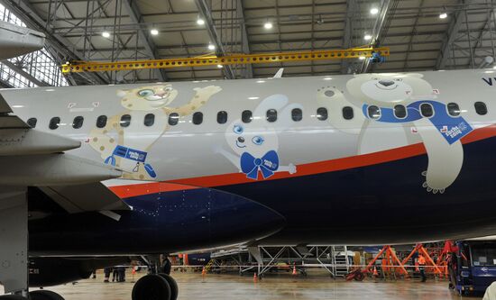 Presentation of Aeroflot plane with Olympic insignia