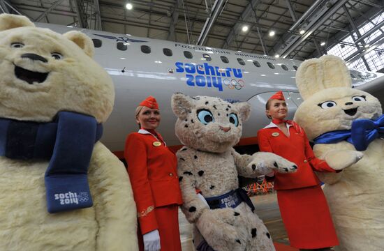 Presentation of Aeroflot plane with Olympic insignia